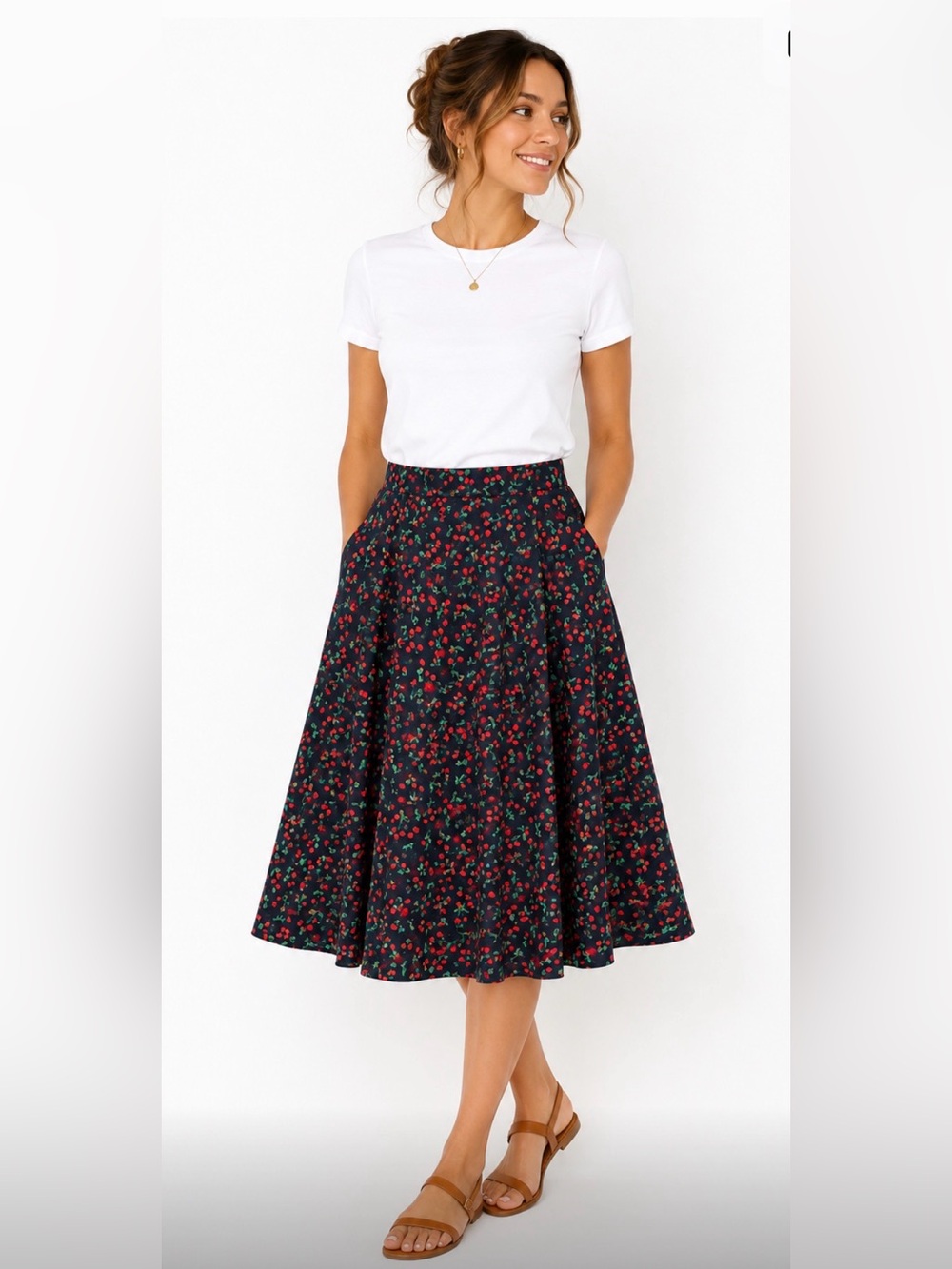 Tulip B Navy Cherry cotton Print A-Line Skirt